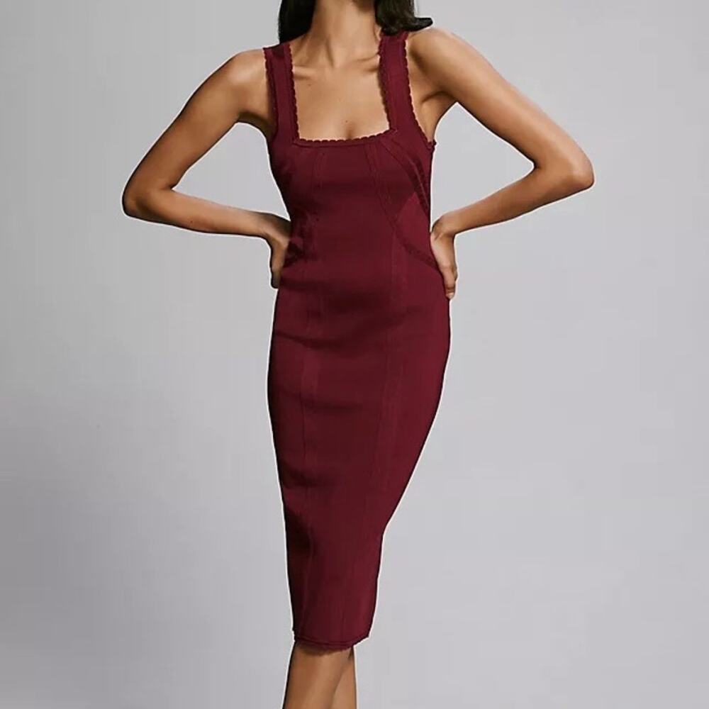 Slim Square Neck Sleeveless Midi Jumper Dress By Anthropologie XS in Wine Red